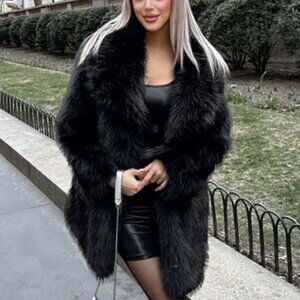 Lapel Neck Slant Pockets Faux fur Coat Black